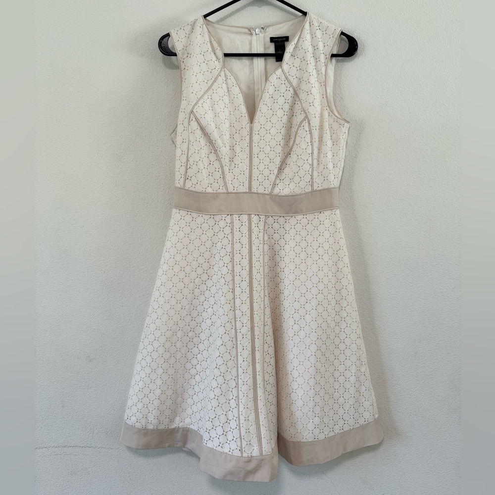 NWT Ann Taylor Factory White Circle Tan Fit and Flare Retro Bridal Dress Size 4